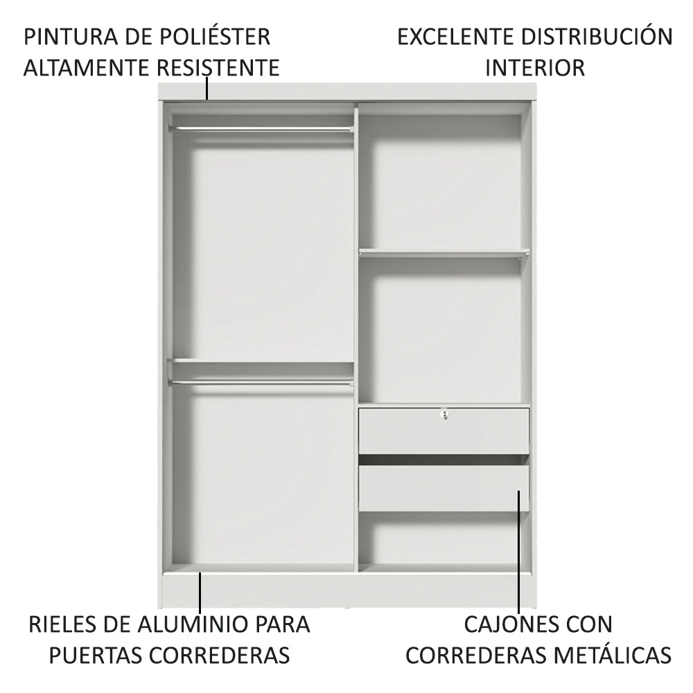 Placard Infantil Nick 2 Puertas Corredizas con Espejo Blanco