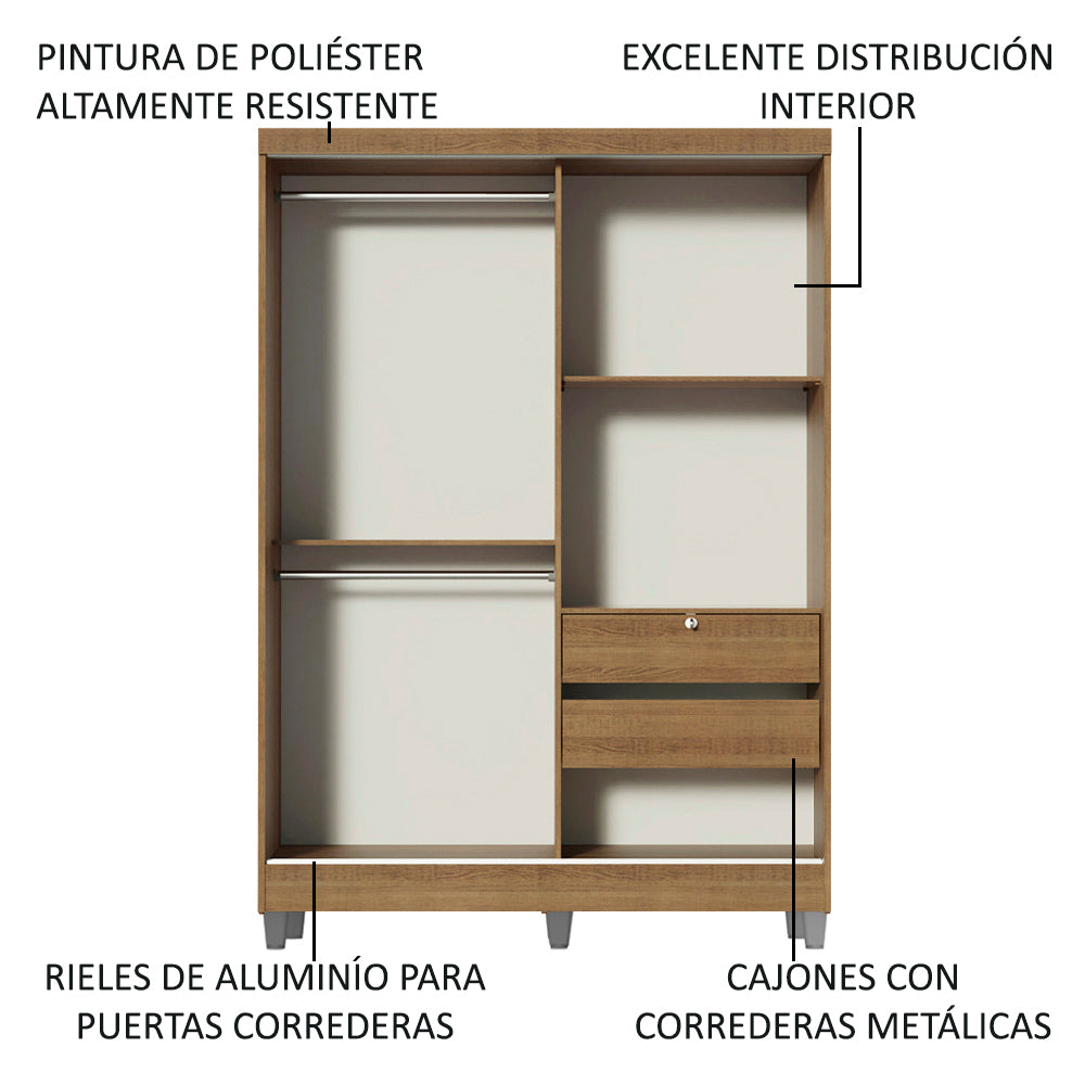 Placard Soltero Luke 2 Puertas Corredizas 1 con Espejo y Patas - Marrón