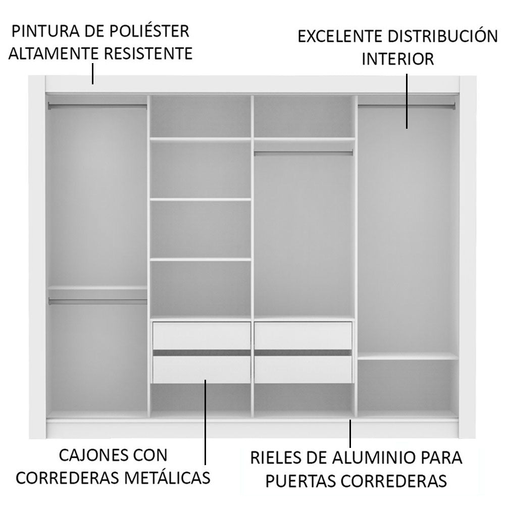 Ropero Placard Madesa Montana 4 Puertas con Espejo Blanco