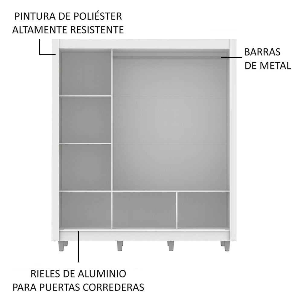 Placard Matrimonial Mónaco 3 Puertas Corredizas con Espejo con Patas Blanco