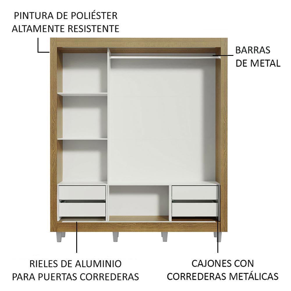 Placard Matrimonial Lyon Plus 3 Puertas Corredizas con Espejo 4 Cajones con Patas Marrón/Blanco
