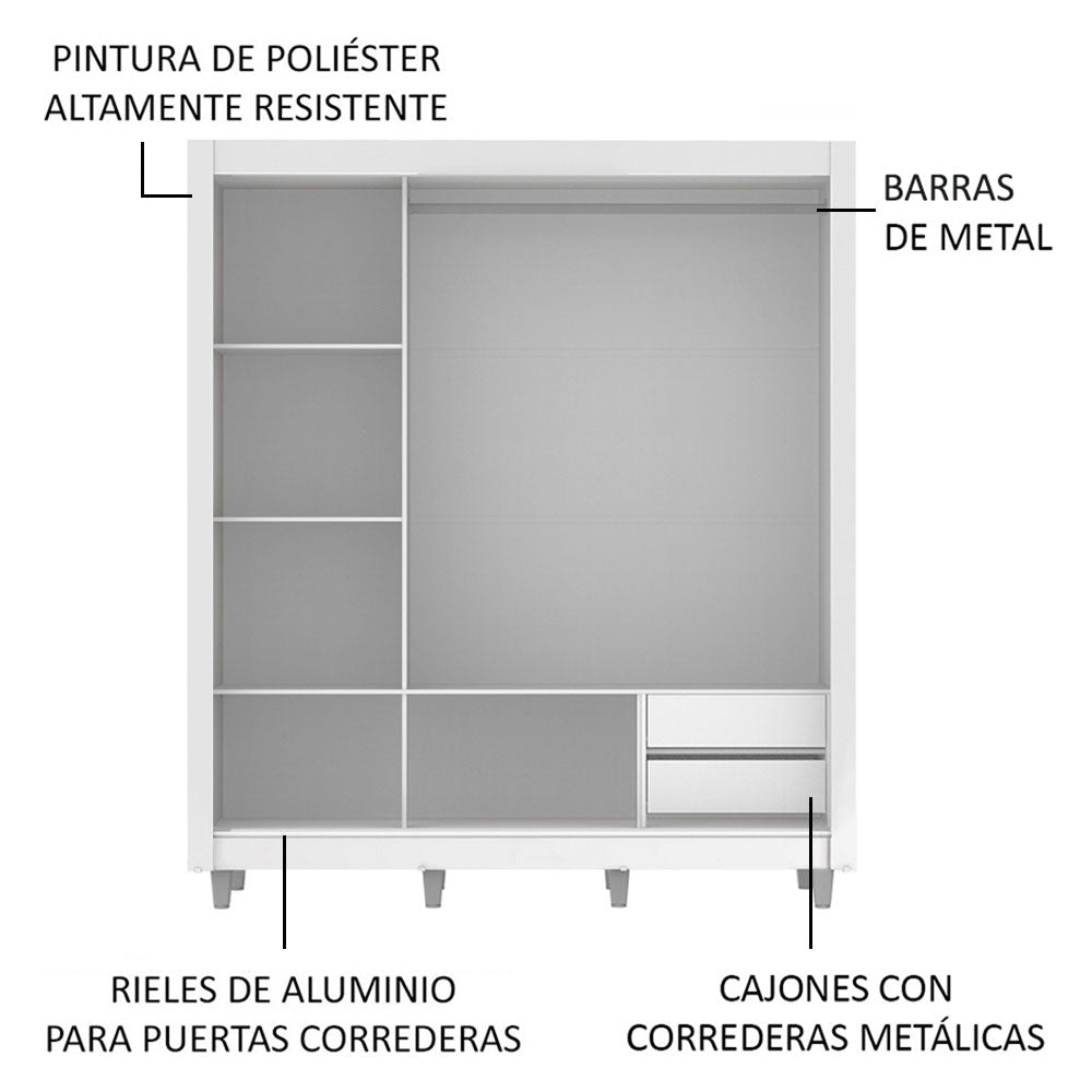 Placard Matrimonial Lyon 3 Puertas Corredizas con Espejo 2 Cajones con Patas Blanco/Marrón