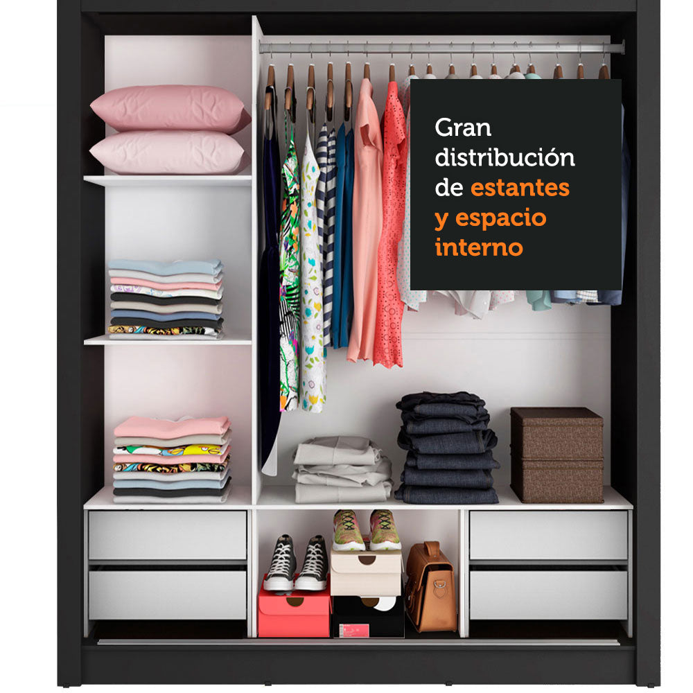Placard Matrimonial Lyon Plus 3 Puertas Corredizas con Espejos 4 Cajones Marrón/Negro