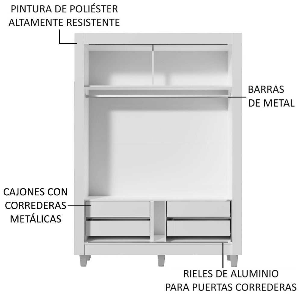 Placard Soltero Dallas Plus 2 Puertas Corredizas con Espejo 4 Cajones con Patas Blanco