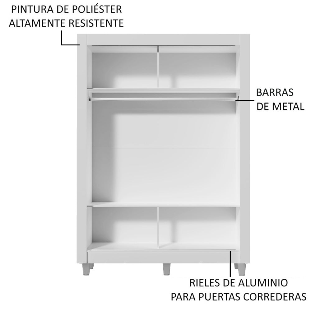 Placard Soltero Denver 2 Puertas Corredizas con Espejo con Patas Blanco