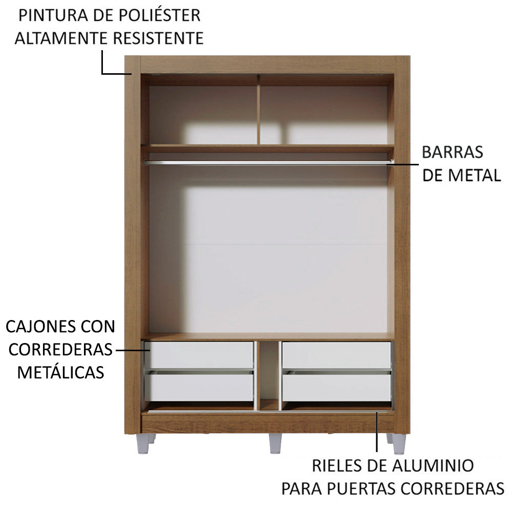 Placard Soltero 2 Puertas Corredizas con Espejos 4 Cajones con Patas Marrón Dallas Plus
