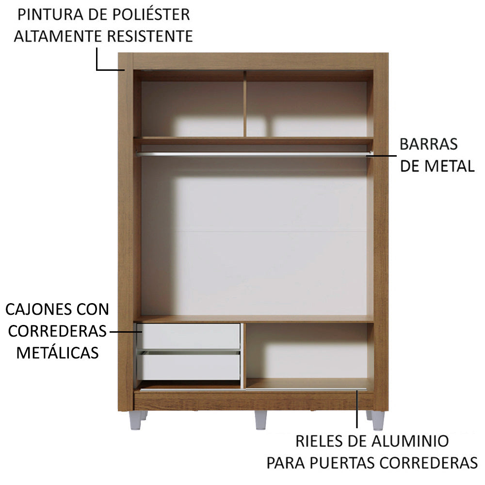 Placard Soltero 2 Puertas Corredizas con Espejo 2 Cajones con Patas Marrón/Blanco Dallas