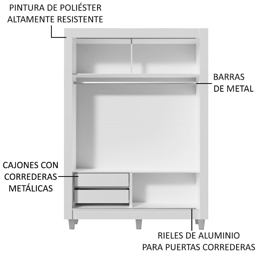 Placard Soltero 2 Puertas Corredizas Espejo 2 Cajones con Patas Blanco/Marrón Dallas