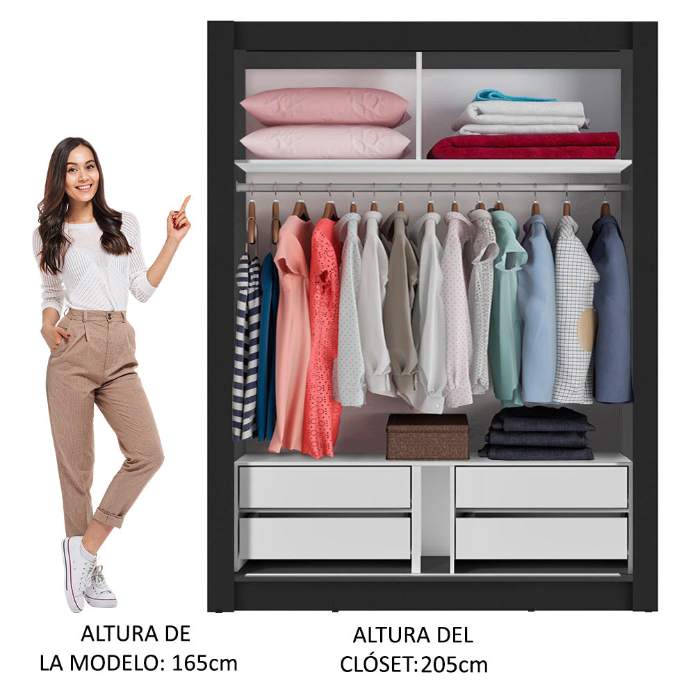 Placard Soltero 2 Puertas Corredizas con Espejo 4 Cajones Negro/Marrón Dallas Plus