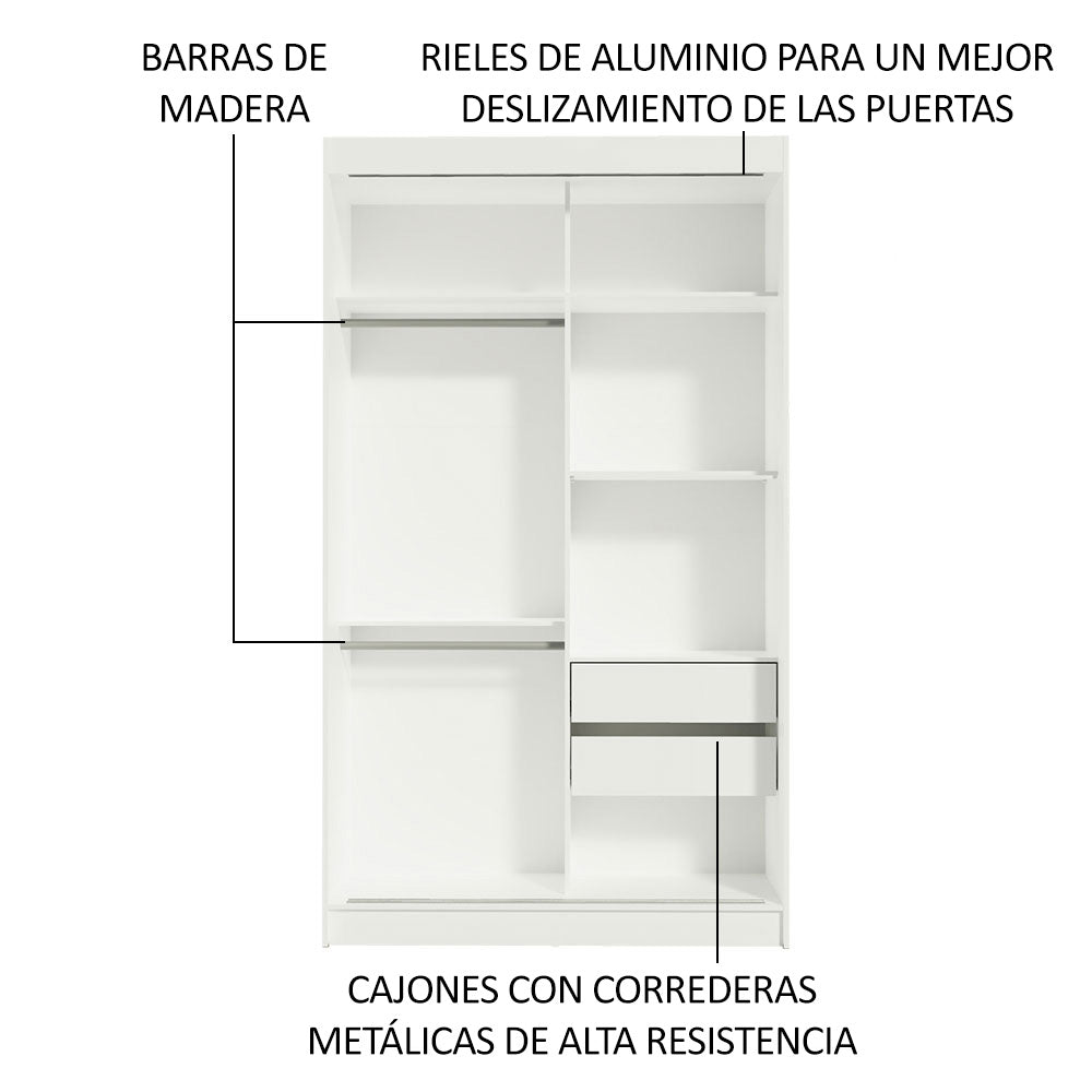 Placard Ropero Solteiro Madesa Tokio 2 Puertas Corredizas de Espejo 2 Cajones Blanco