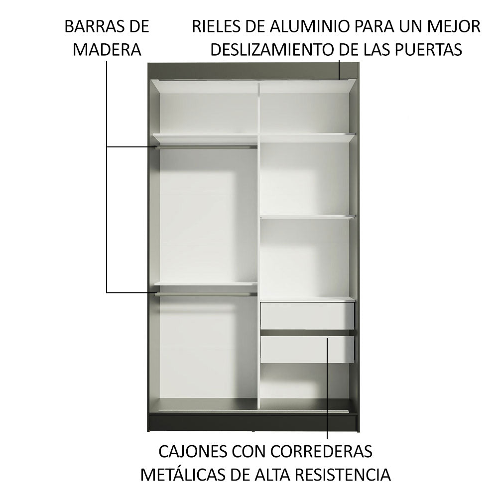Placard Ropero Solteiro Madesa Tokio 2 Puertas Corredizas de Espejo 2 Cajones Negro
