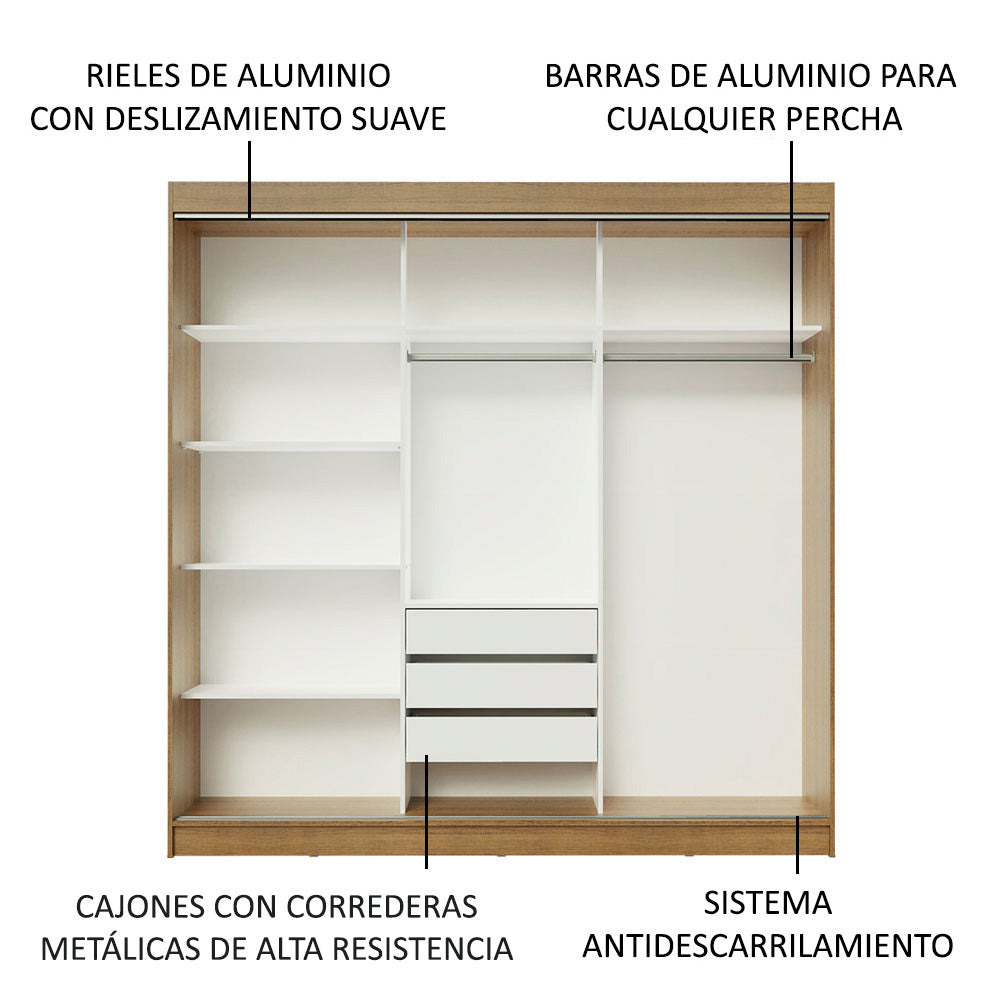 Placard Ropero Matrimonial Madesa Istambul 3 Puertas Corredizas con Espejos 3 Cajones Marrón/Negro