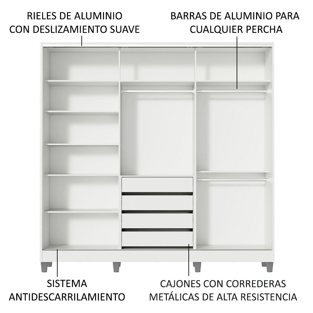 Placard Matrimonial 100% MDF Eros 3 Puertas Corredizas con Espejo con Patas Blanco/Blanco/Marrón