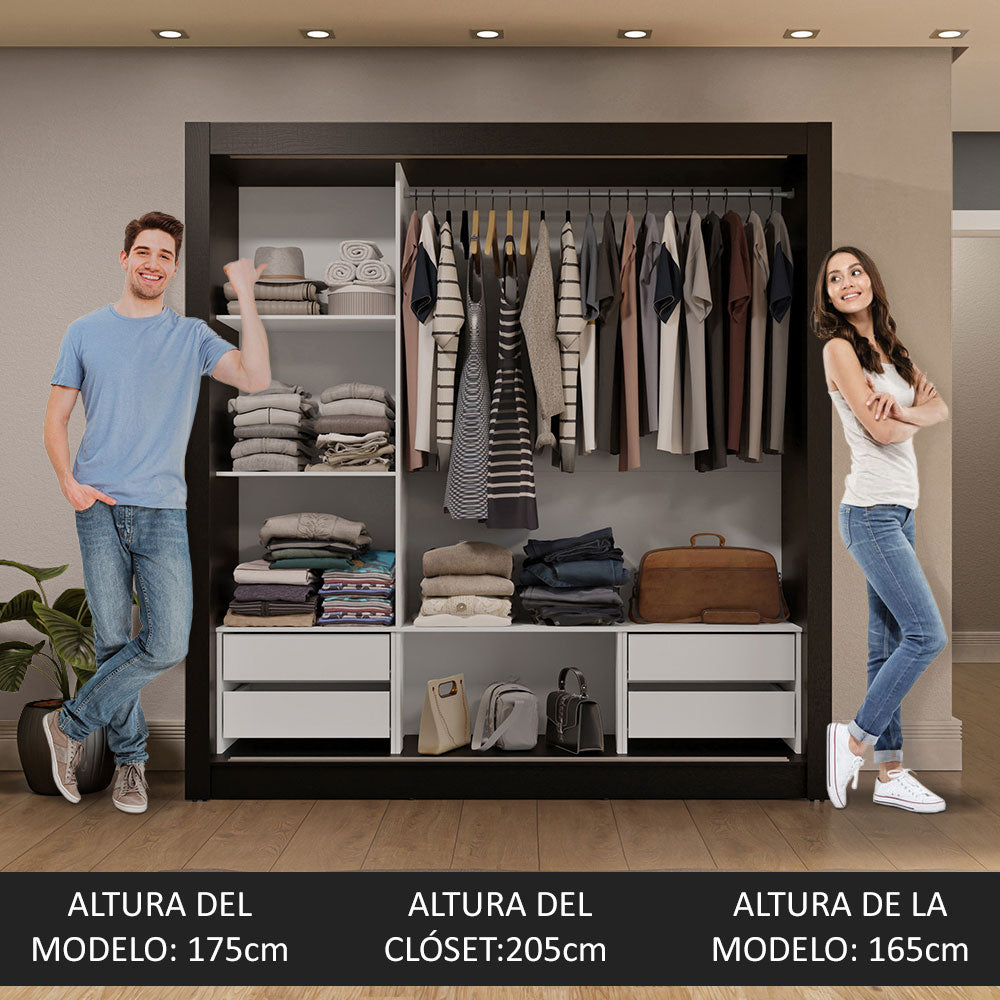 Placard Matrimonial 3 Puertas Corredizas con Espejo 4 Cajones Negro/Marrón Sublime Plus