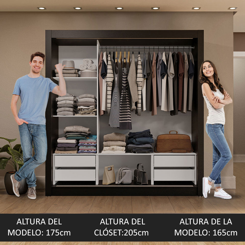 Placard Matrimonial 3 Puertas Corredizas con Espejos 4 Cajones Negro/Marrón Sublime Plus