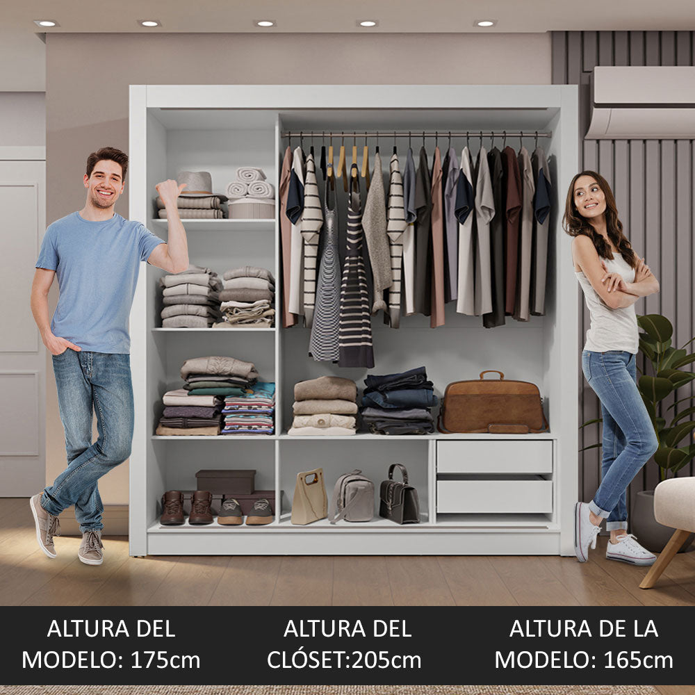 Placard Matrimonial 3 Puertas Corredizas 2 Cajones Blanco/Gris Sublime