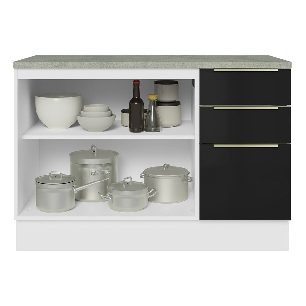Bajo Mesada Cocina 120 cm x 60 cm, 2 Puertas 3 Cajones (Con Mesada) Lux Blanco/Negro