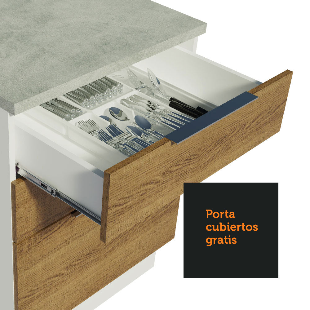 Bajo Mesada Cocina 60 x 60 cm 3 Cajones (Con Mesada) Blanco/Marrón Stella Madesa