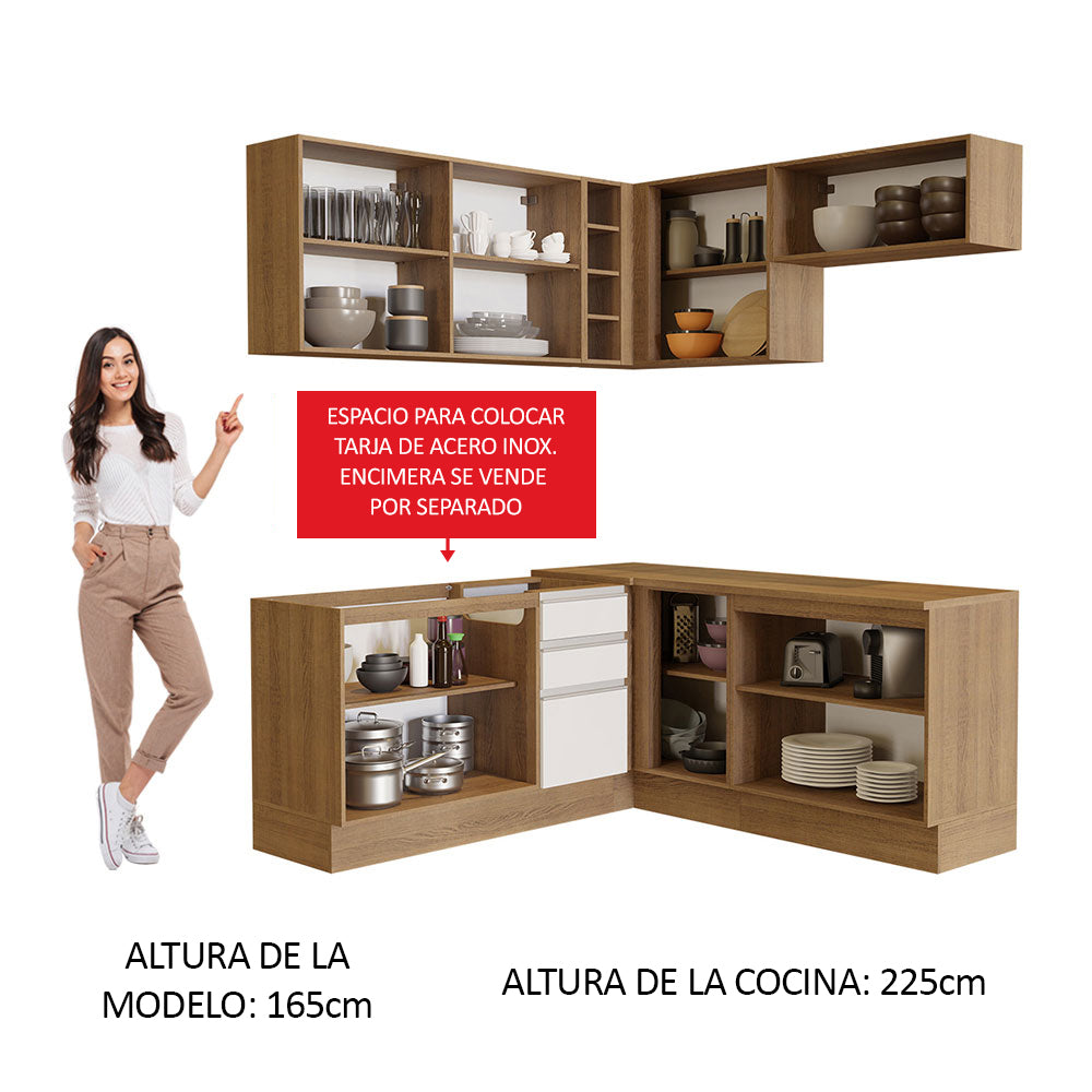 Combo Completo de Cocina Esquinera 349 cm Marrón/Blanco/Crema Glamy Madesa 01