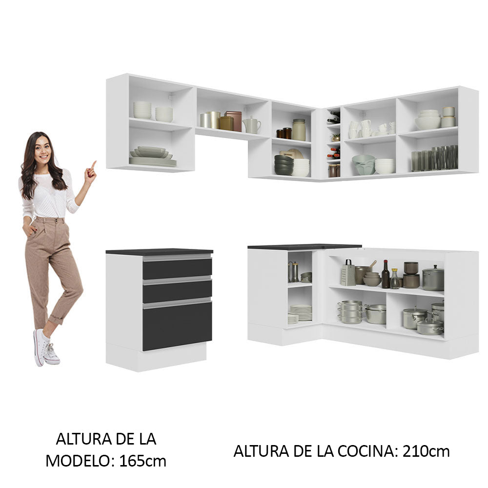Combo Completo de Cocina Esquinera 100% MDF 409 cm Blanco/Negro Acordes Madesa 01