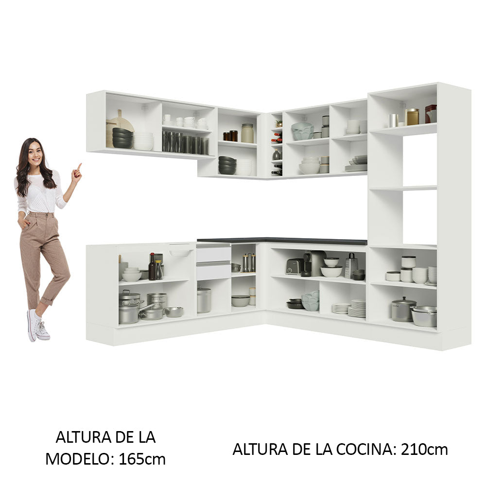 Combo Completo de Cocina Esquinera 100% MDF 459 cm Frentes Blanco Brillante Acordes Madesa 01