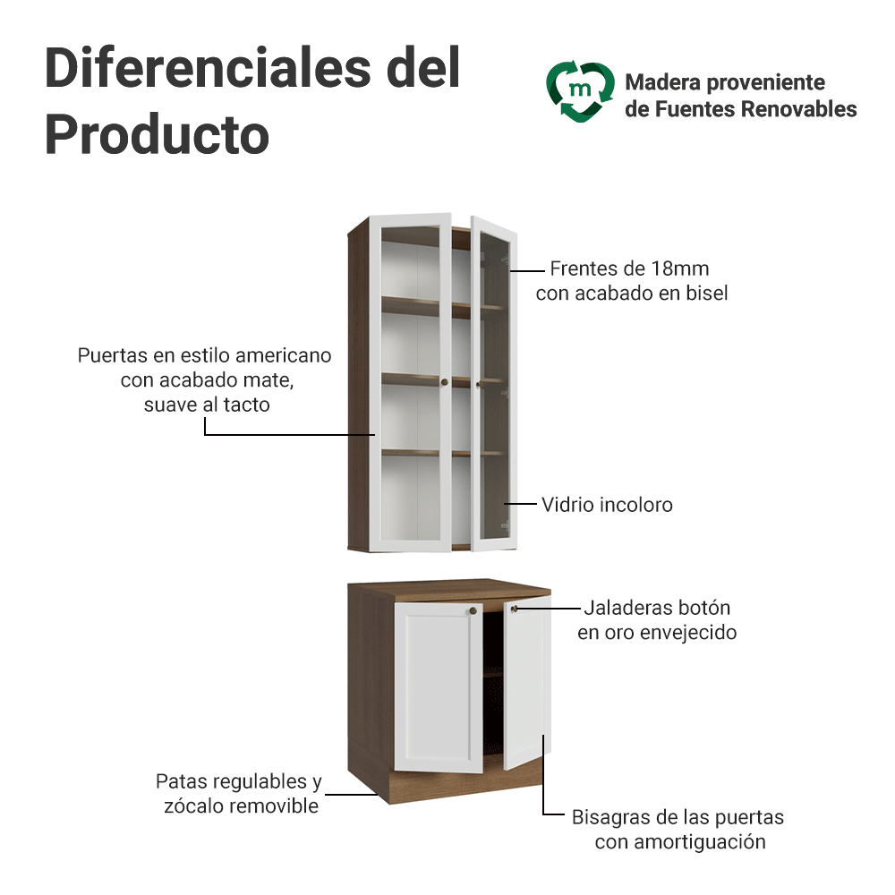 Kit Bajo Mesada + Cristalero 70 cm Vik Marrón/Blanco 01