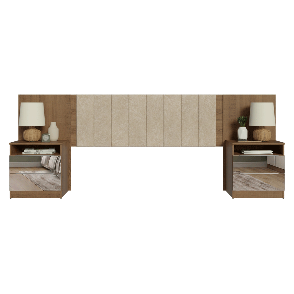 Respaldo de Cama Extensible Tapizado con 2 Mesas de Luz Espejadas Marrón/Imperial Madesa