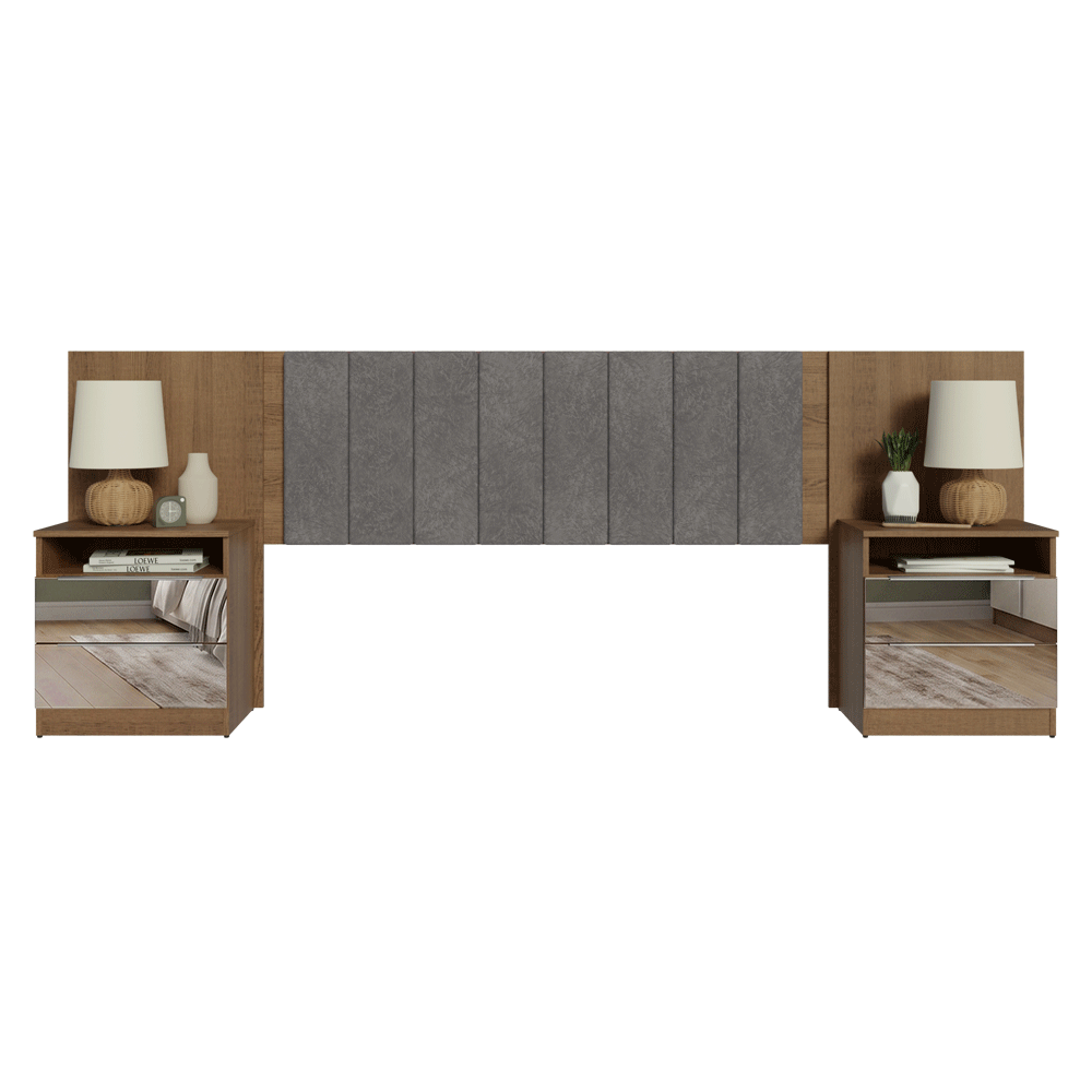 Respaldo de Cama Extensible Tapizado con 2 Mesas de Luz Espejadas Marrón/Silver Madesa