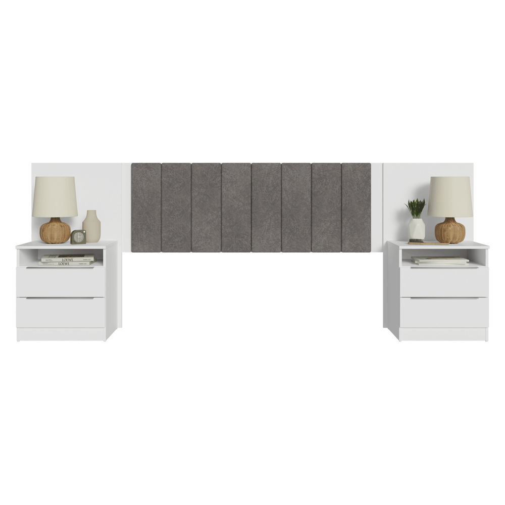 Respaldo de Cama Extensible Tapizado con 2 Mesas de Luz Blanco/Silver Madesa