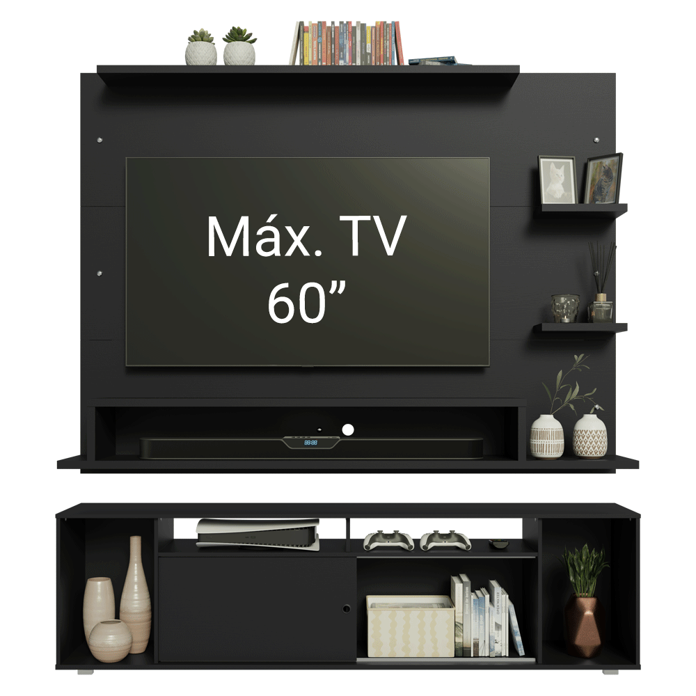 Rack con Panel para TV hasta 60 Pulgadas 180 cm Negro Cancun Madesa