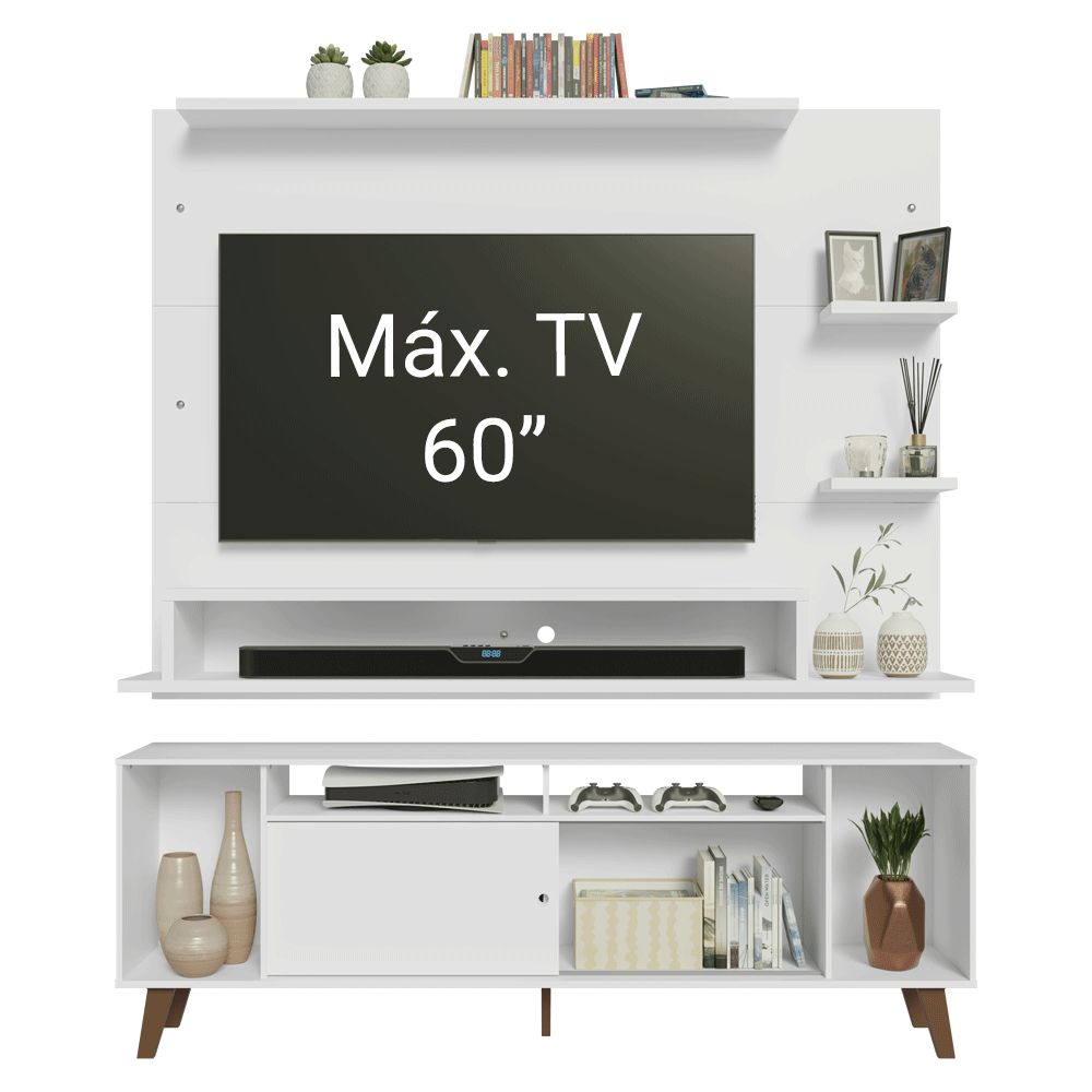 Rack con Panel para TV hasta 60 Pulgadas 180 cm con Patas Blanco/Marrón Cancun Madesa