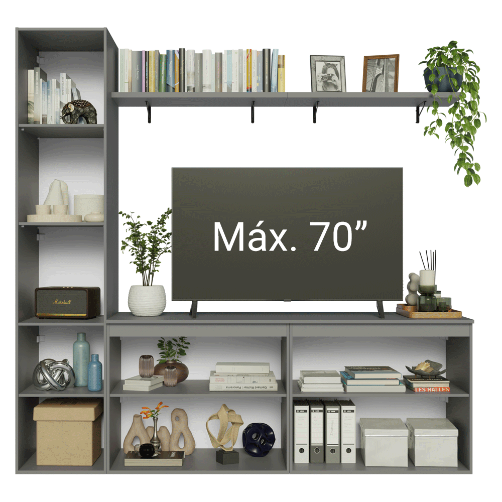 Rack para TV hasta 70 pulgadas flotante + repisa de 200cm, Gris Nice 01