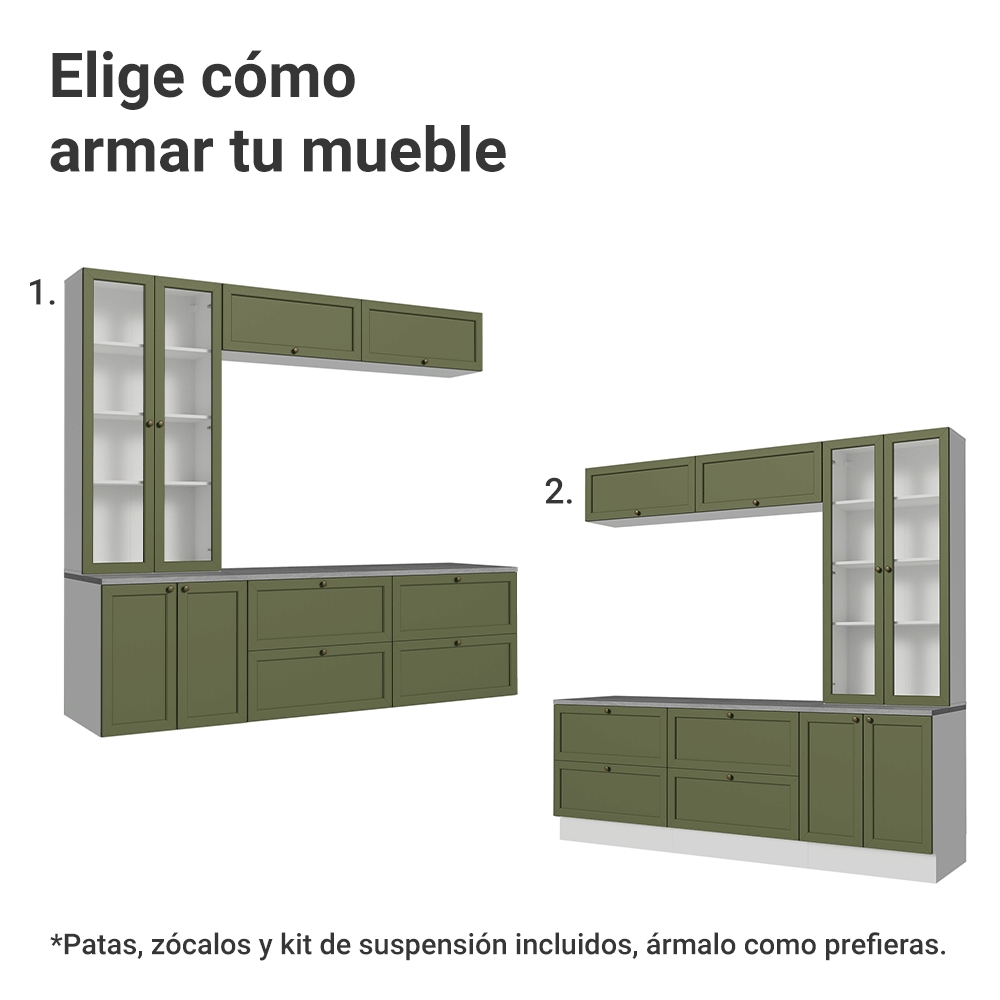 Centros de Entretenimiento con Rack + Cristaleiro 230 cm Blanco/Verde Vik Madesa 01