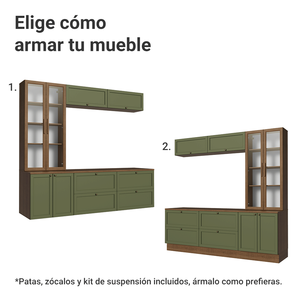 Centros de Entretenimiento con Rack + Cristaleiro 230 cm Marrón/Verde/Marrón Vik Madesa 02