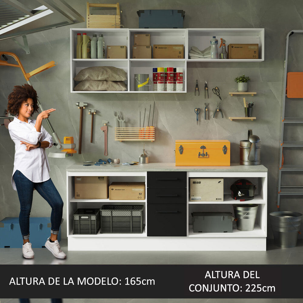 Kit con 2 Bajo mesada e 2 Alacena Multiuso 200cm Blanco/Negro Agata Madesa