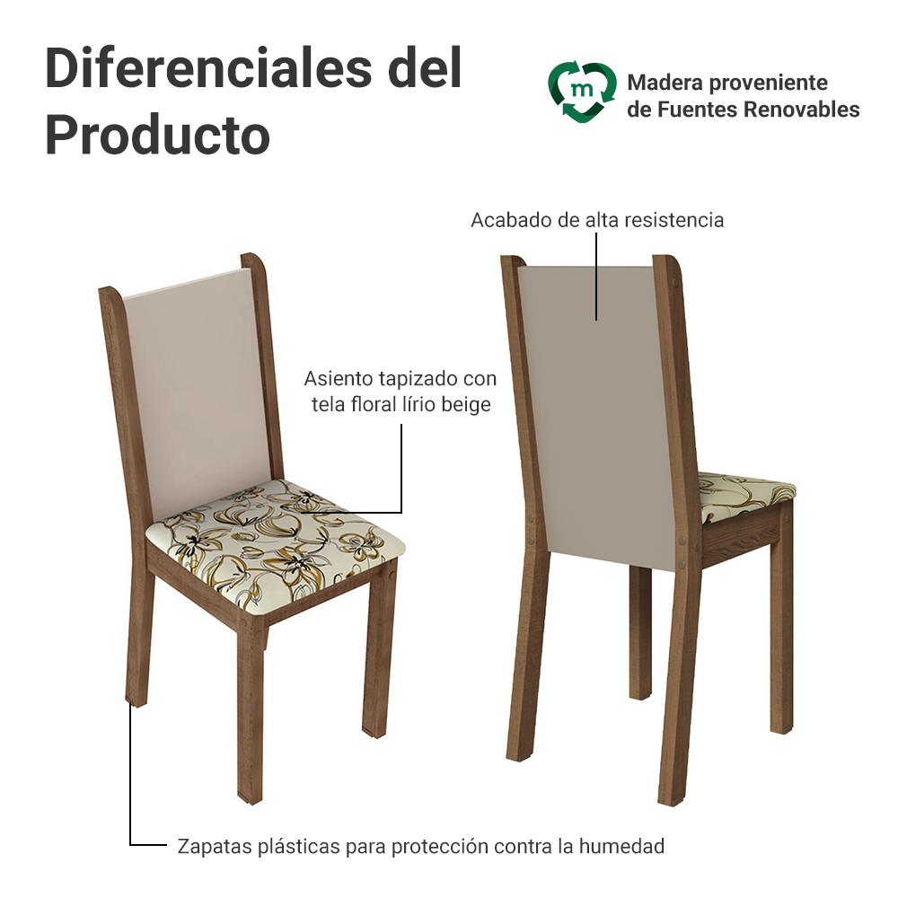 Juego de Comedor Madesa Nanda Mesa Tapa Vidrio Redondo 4 Sillas Marrón/Crema/Beige Marrón
