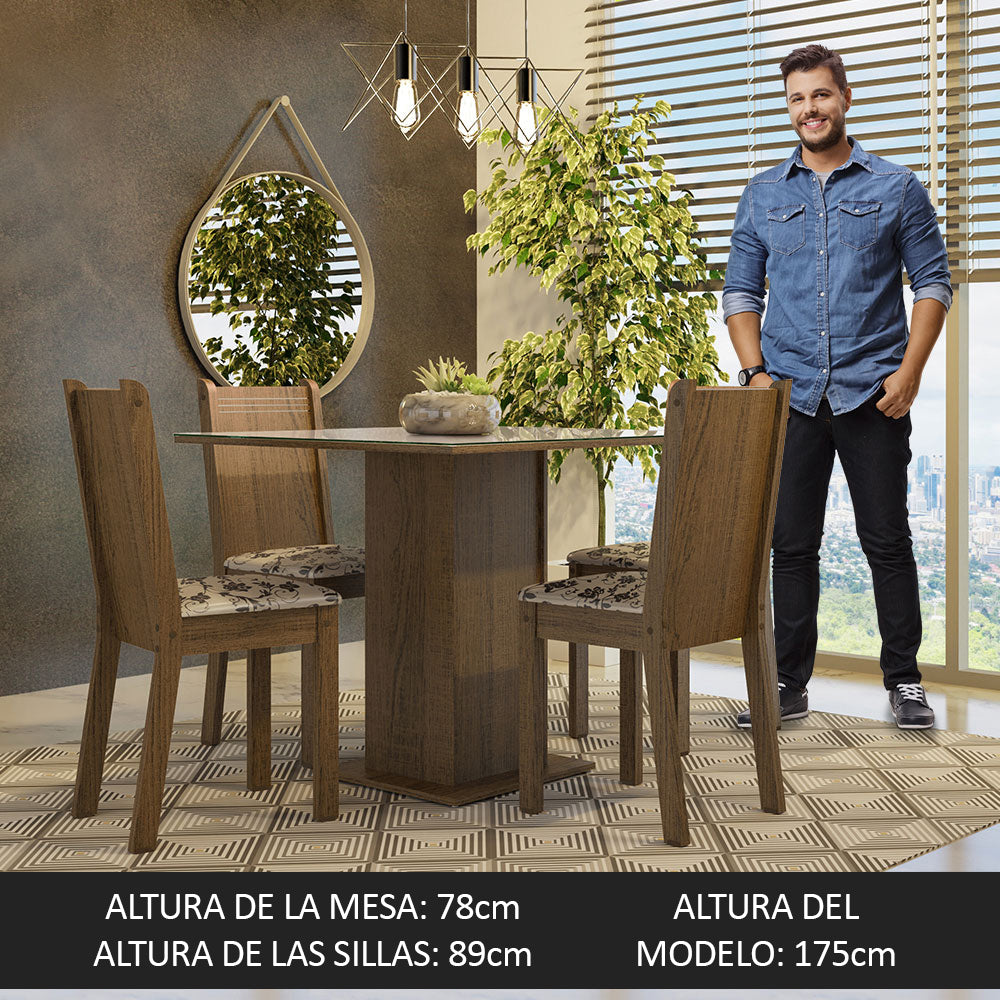 Juego de Comedor Mesa Tapa de Vidrio 4 Sillas Marrón/Crema/Beige Marrón Perla Madesa