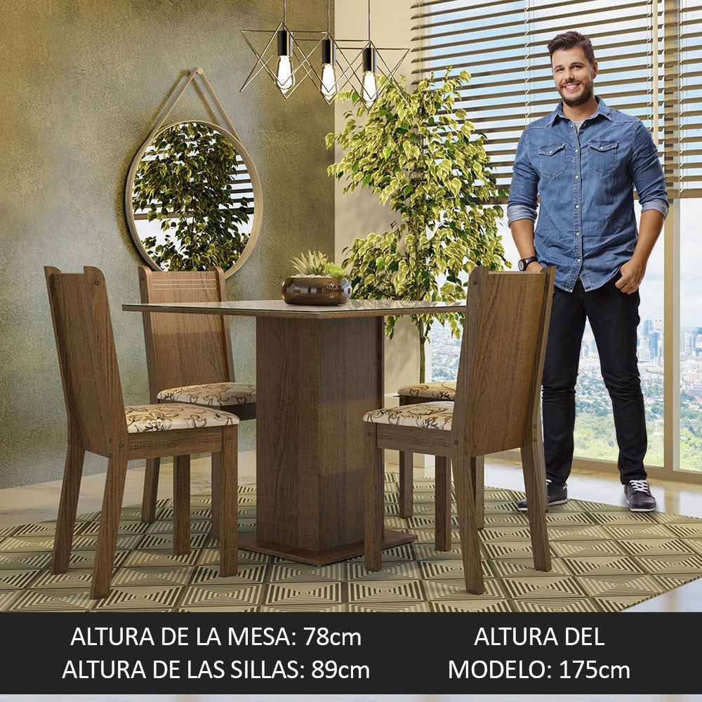Juego de Comedor Mesa Tapa de Vidrio 4 Sillas Marrón/Crema/Lírio Beige Perla Madesa