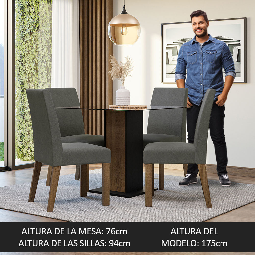 Juego de Comedor Mesa Tapa de Vidrio 4 Sillas Marrón/Negro/Silver Ivy Madesa