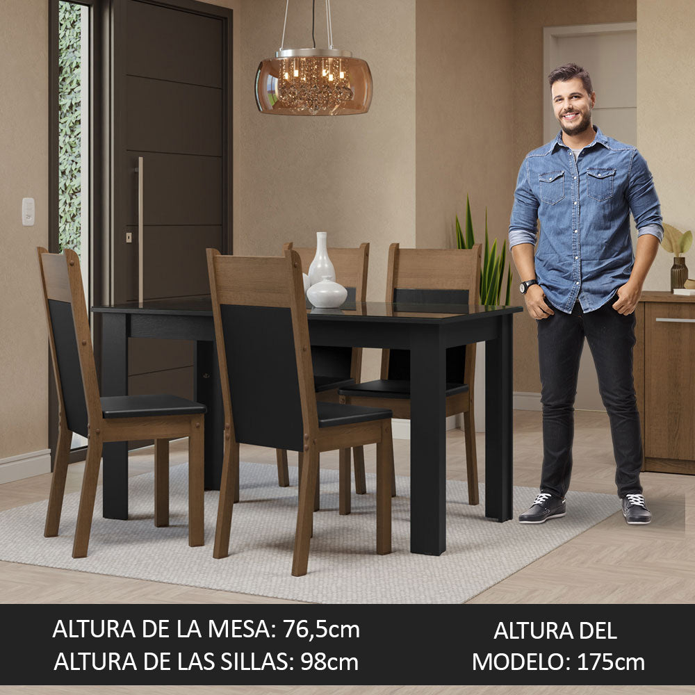 Juego de Comedor con Mesa de Tapa de Vidrio y 4 Sillas Negro/Marrón Eloá Madesa