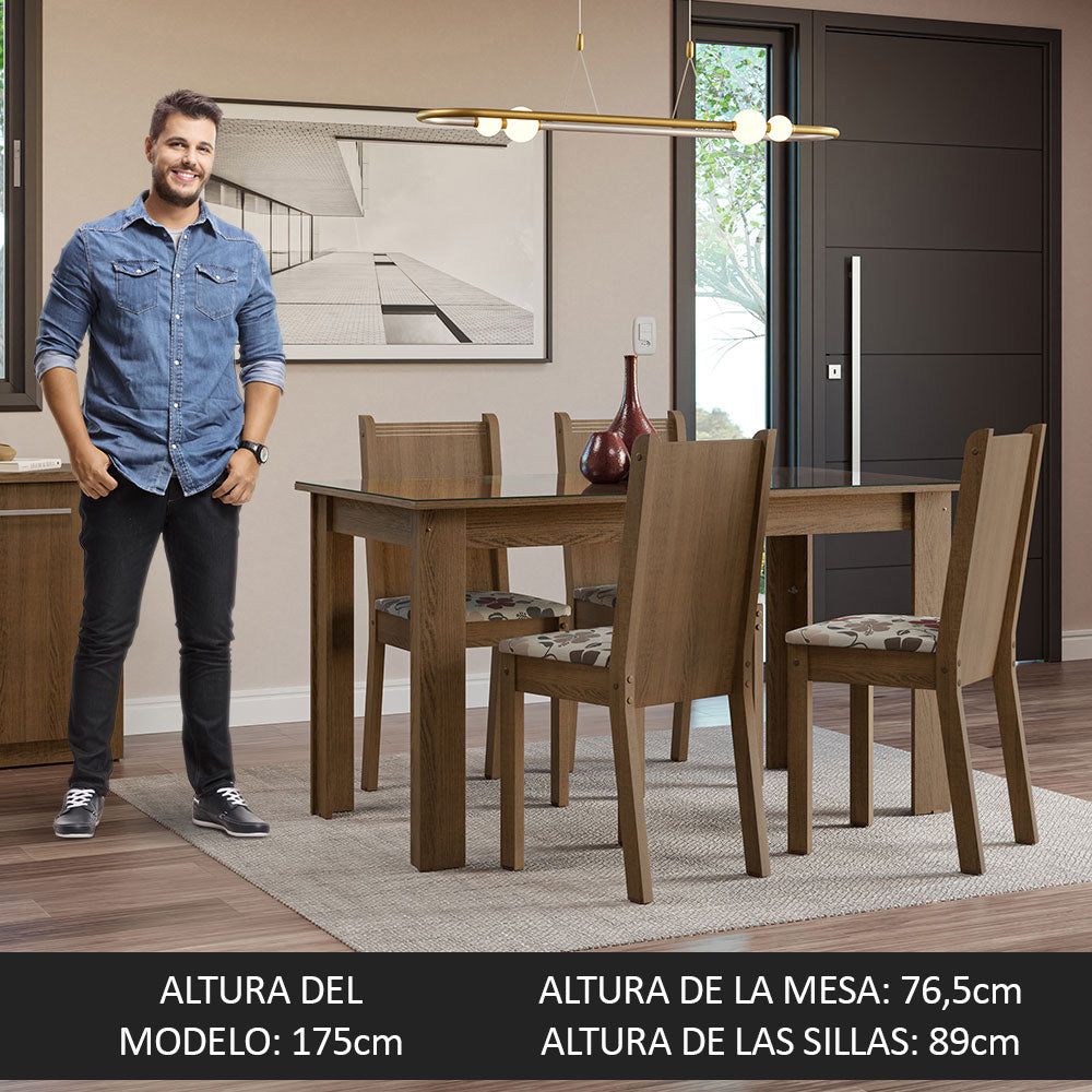Juego de Comedor Mesa Tapa de Vidrio 4 Sillas Marrón/Hibiscos Kiara Madesa