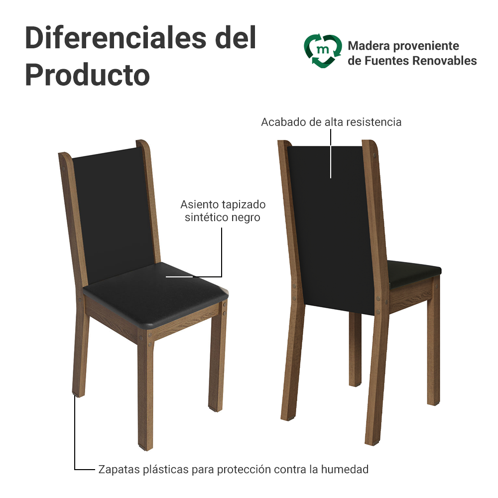 Juego de Comedor Madesa Ohana Mesa Tapa de Madera con 6 Sillas Marrón/Negro/Sintético Negro