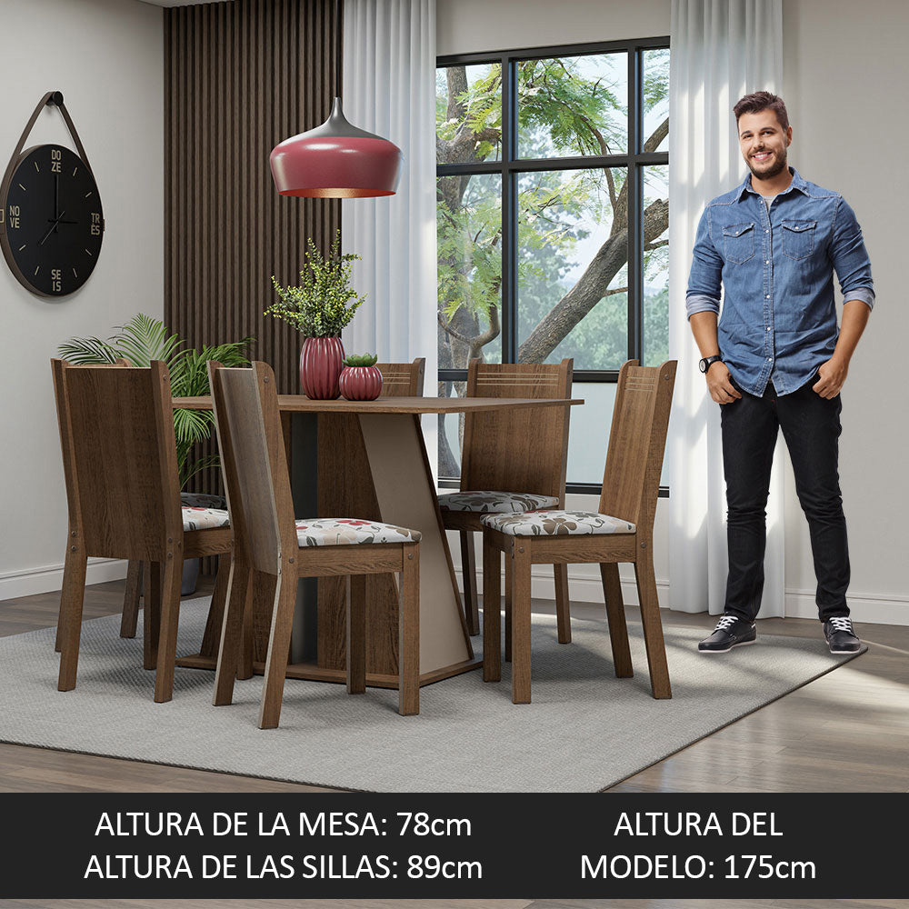 Juego de Comedor Mesa Tapa de Madera 6 Sillas Marrón/Crema/Hibiscos Sharon Madesa