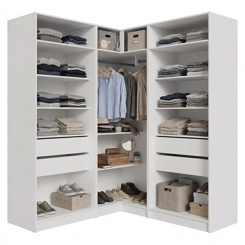 Placard Modular de Esquinero 350 cm 6 Puertas con Espejos 4 Cajones Blanco Neo Madesa 02