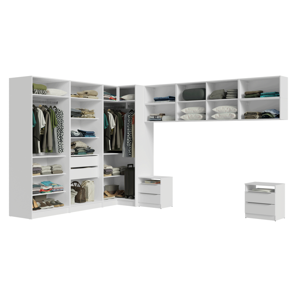 Dormitorio Completo de Esquinero Matrimonial 610 cm con Mesa de Luz Blanco Neo Madesa