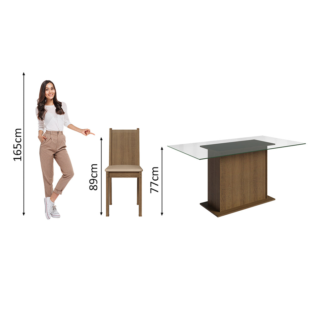 Juego de Comedor Madesa Gales Mesa Tapa de Vidrio con 6 Sillas Marrón/Sintético Beige
