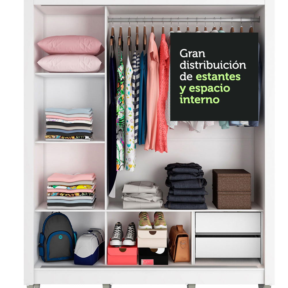 Placard Matrimonial Lyon 3 Puertas Corredizas con Espejos 2 Cajones con Patas Blanco