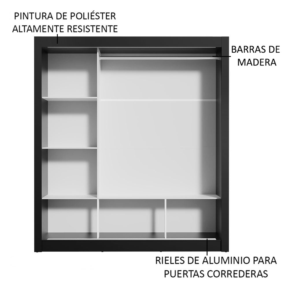 Placard Matrimonial Monaco 3 Puertas Corredizas 2 con Espejos Negro/Blanco