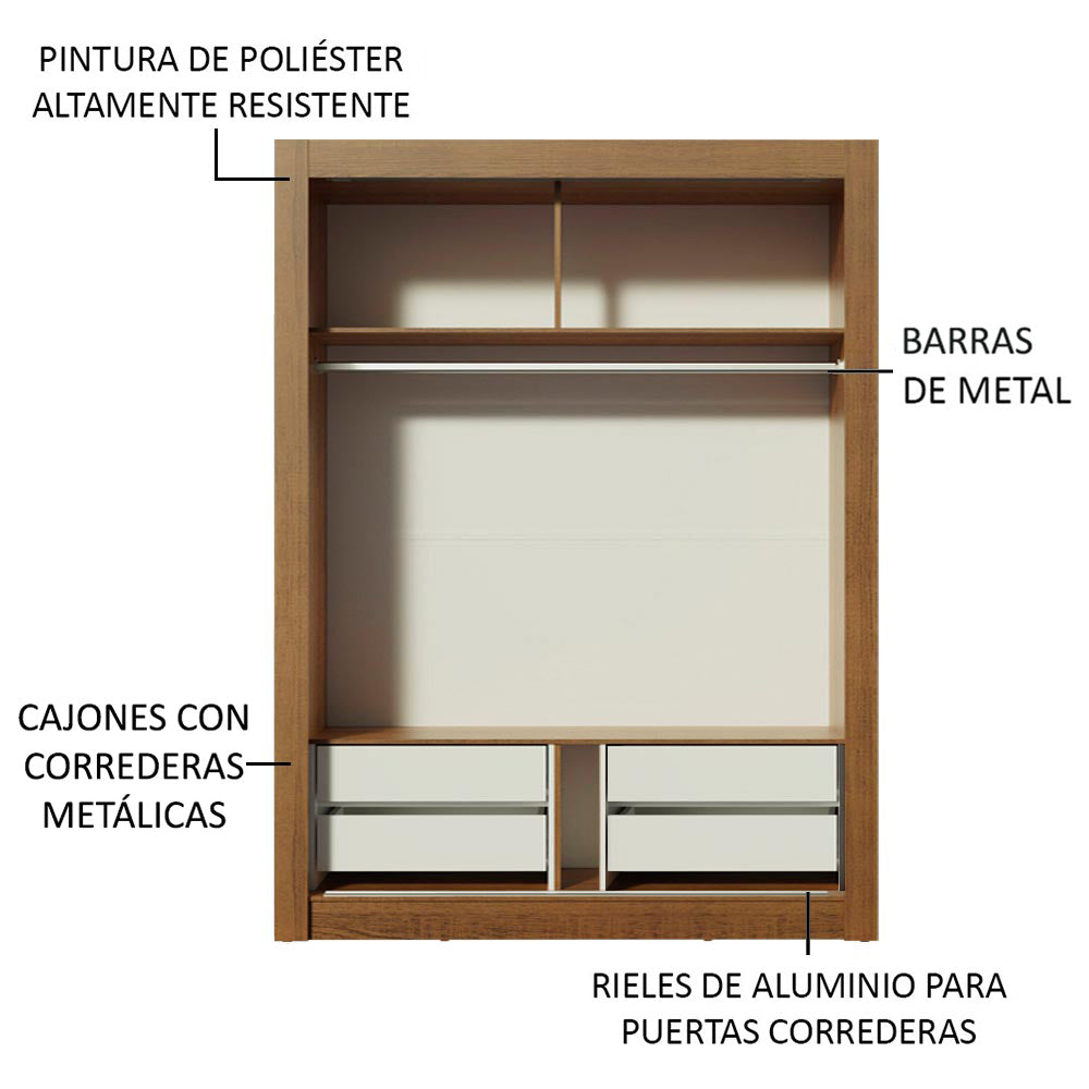 Placard Soltero 2 Puertas Corredizas con Espejo 4 Cajones Marrón Dallas Plus