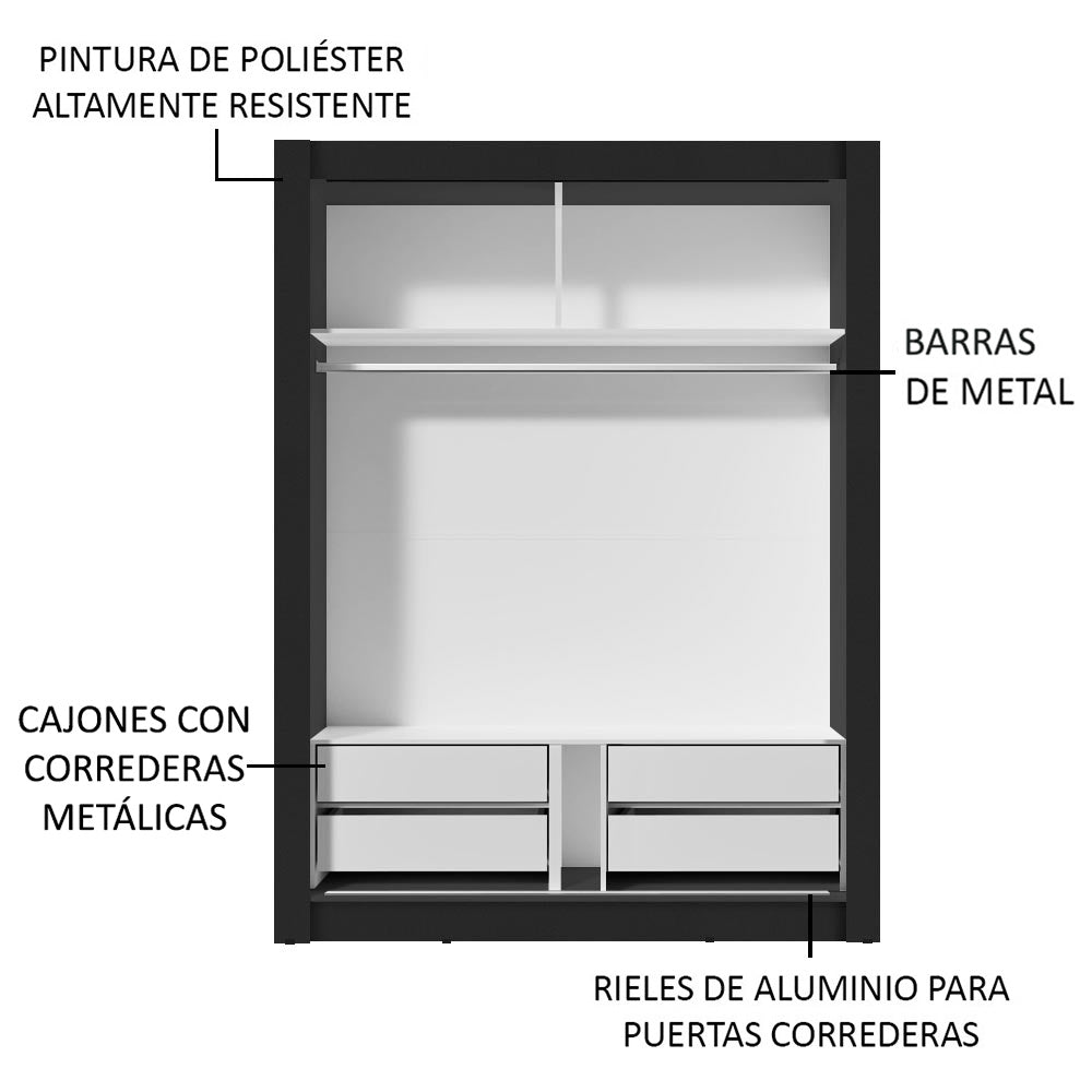 Placard Soltero Dallas Plus 2 Puertas Corredizas 4 Cajones Negro/Blanco